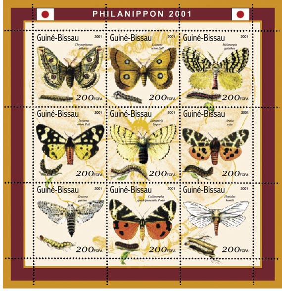 Papillons (Philanipon 2001) - Butterflies  9 x 200 FCFA - Issue of Guinée-Bissau postage stamps