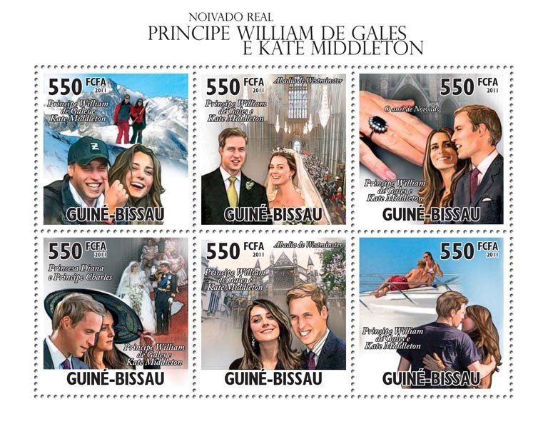Royal Engagement.Prince William of Wales and Kate Middleton - Issue of Guinée-Bissau postage stamps