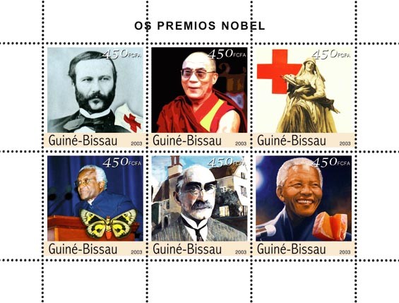 Prix Nobel 2 (Dunant, DalaiLama, D.Tutu, Kipling, N.Mandela) 6 x 450 FCFA - Issue of Guinée-Bissau postage stamps