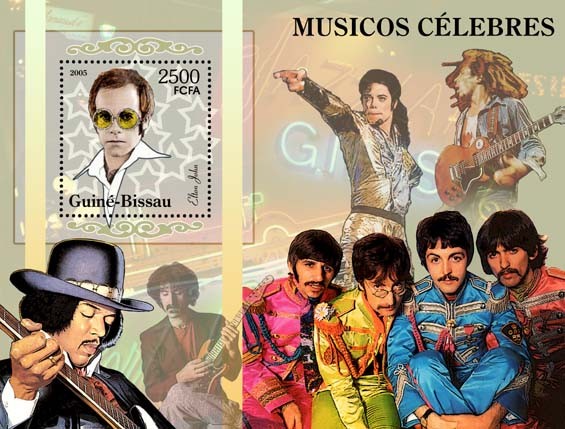 Famous pop stars Eltohn John, M. Jackson, F. Zapa, The Beatles S/s 2500 - Issue of Guinée-Bissau postage stamps