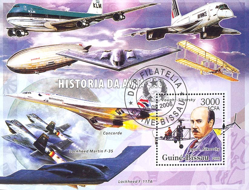 History of Aviation (Sikorsky, various airplanes) S/s 3000 (CTO) - Issue of Guinée-Bissau postage stamps