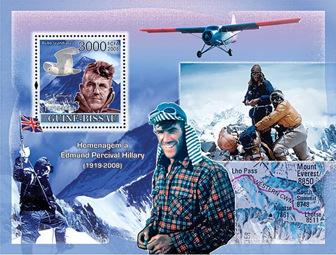 Tribute to Edmund Percival Hillary (1919-2008) - Mountains, Bird, Small Aircraft - Issue of Guinée-Bissau postage stamps