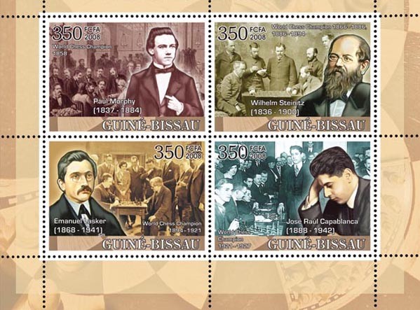 Chess Champions I (Murphy, Steinitz, Lasker, Capablanca) - Issue of Guinée-Bissau postage stamps