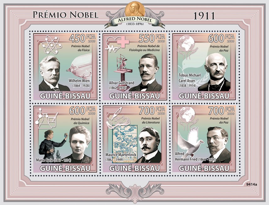 Nobel Prize 1911 ( W.Wien, A.Gullstrand, T.Michael, M.Currie, M.Maeterlinck, A.H.Fried ) - Issue of Guinée-Bissau postage stamps