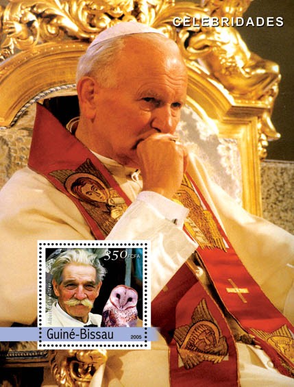 Pope John Paul II & A. Schweitzer, owl - Issue of Guinée-Bissau postage stamps