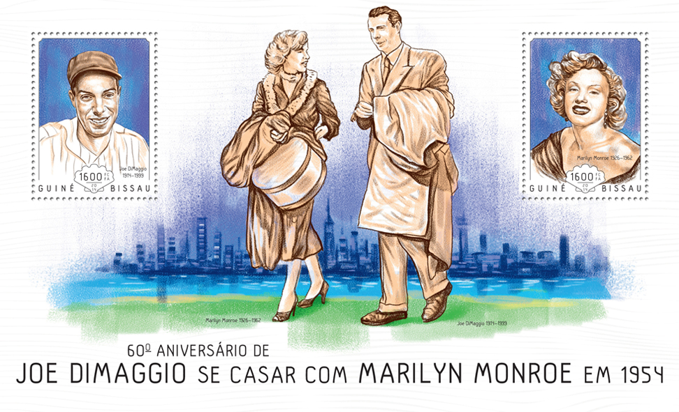 Joe DiMaggio marrying Marilyn Monroe - Issue of Guinée-Bissau postage stamps