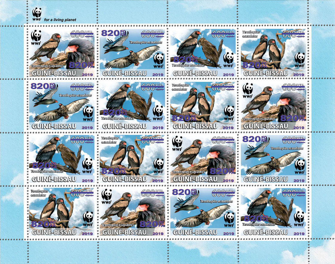 WWF overprint: Bateleur 16v (dark blue foil) - Issue of Guinée-Bissau postage stamps